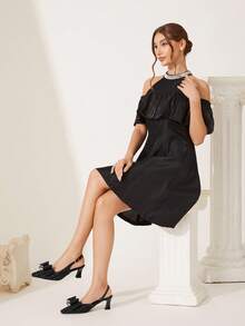 CUCCOO CHICEST Women's Pointed Toe Bowknot Stiletto Heel Mid Heel Elegant Retro Black Pumps, Peep Toe Shoes For Afternoon Tea, Date, Work, Halloween, Christmas, Thanksgiving - Black - View 7