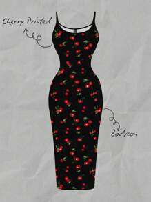 SHEIN EZwear 樱桃印花休闲简约全长紧身吊带裙，适合夏季