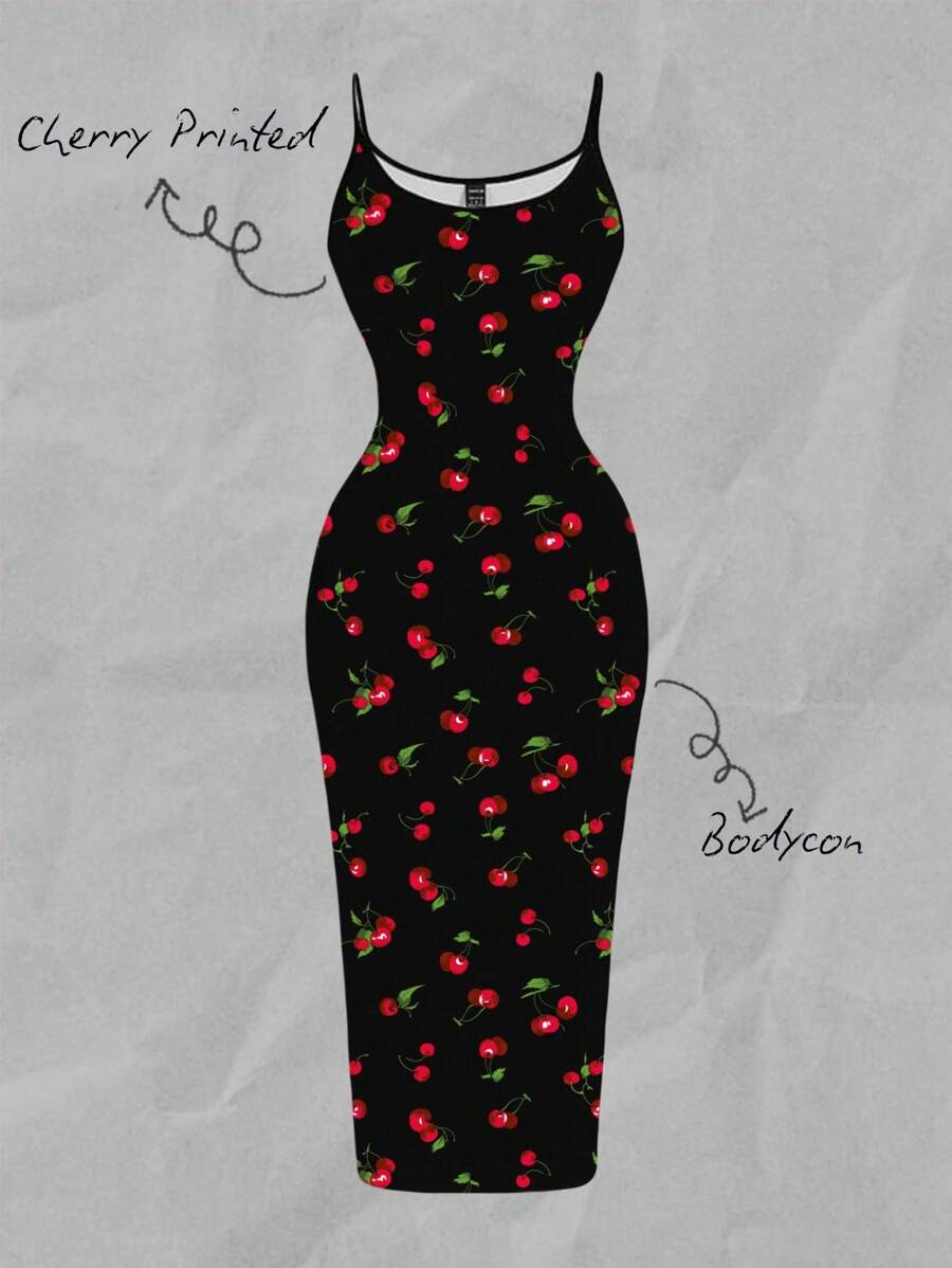 SHEIN EZwear 樱桃印花休闲简约全长紧身吊带裙，适合夏季