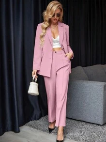 SHEIN Clasi 素色單釦西裝外套和褲子 - 粉色 - 查看 1
