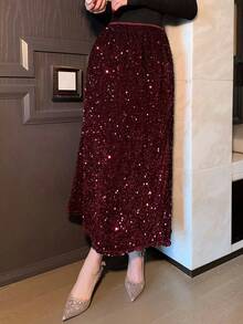 DAZY Autumn Elastic Waist Sequin Mermaid Skirt For Women, Christmas Winter New Years Carnival - Burgundy - View 6
