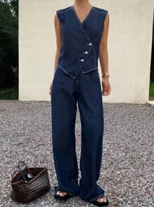 DAZY 女士休闲水洗不对称V领背心和阔腿牛仔裤套装度假装 - 深色水洗藍 - 查看 6
