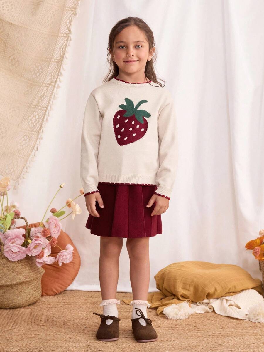 Blossori Young Girls' French Elegant Strawberry Pattern Sweater/Knit Skirt Set Strawberry Kids Outfit Girls Sweater Skirt Set Girls Autumn Clothes Kids Strawberry Sweater Toddler Girl Fall Outfit Winter