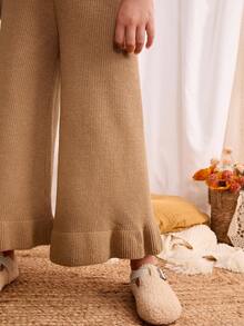 Blossori Young Girls' French Elegant Large Lapel Front Button Knitted Cardigan/Knitted Pants Set Girls Brown Knit Outfit Little Girl Brown Pant Set Toddler Girl Brown Sweater Set Girls Knit Set,In Fall/Winter - Khaki - View 7