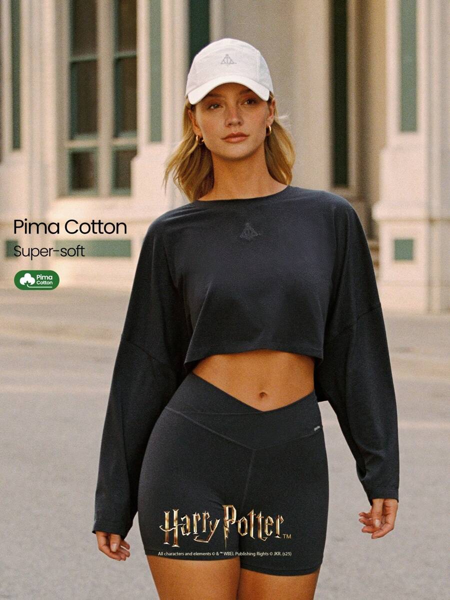 GLOWMODE X Harry Potter Pima Cotton The Deathly Hollows Lightweight Soft Stretchy Relaxed Fit Cropped Graphic Crewneck T-Shirt Daily Casual Wear - Iron Gray - View 1