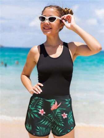 Maillot de bain une pièce pour préadolescentes, body de couleur unie avec bas short imprimé, maillot de bain et mignon pour les vacances, convient pour la natation et les vacances