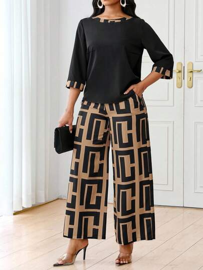 SHEIN Lady 春夏秋冬休闲优雅黑色针织 V 领喇叭袖纽扣短长袖休闲优雅大码套装情人节新年女装夏季女士服装夏季