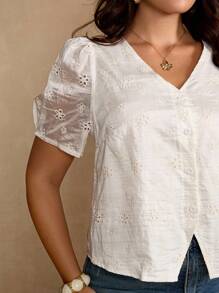 Roveilla Plus Size Women's Casual Elegant Vintage Embroidered Puff Sleeve Blouse Eyelet Blouse Blouse Summer Eyelet Top Button Up Top Blouses For Women - Apricot - View 3