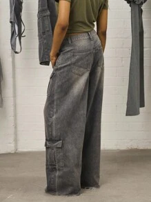 COUREZ 灰色水洗低腰工装牛仔裤/Y2K低腰牛仔裤外出穿搭街头风棉质复古秋季女装秋季服装 - 灰色 - 查看 6