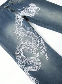 ROMWE MEN Anime Men's Washed Dragon Pattern Embroidered Denim Jeans - Blue - View 5