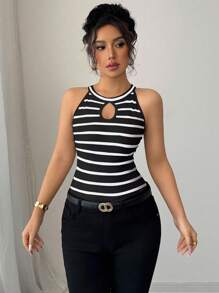 Elenzga 女士休闲条纹镂空露背上衣，夏季 - 黑與白 - 查看 5