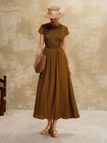 Revavyn Đầm suông nữ chất liệu cotton dệt trơn sọc cổ tròn tay ngắn cạp chun, viền loe, thanh lịch, thích hợp mặc khi hẹn hò, đi nghỉ, dã ngoại, đi làm vào mùa hè và mùa thu - Màu xanh Ô liu - Xem 4