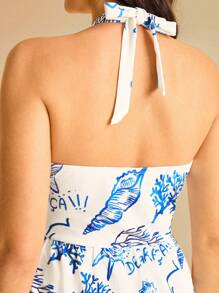 CAJUNI Women's Tropical Casual Vacation Beach Blue Ocean Element Print Sleeveless Halter Tie Crop Top And Shorts Jumpsuit