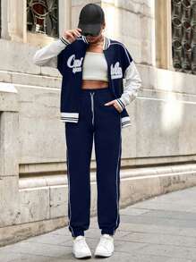 SHEIN Tall 100% Cotton Letter Graphic Drop Shoulder Bomber Jacket & Drawstring Waist Sweatpants - Navy Blue - View 1