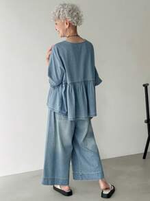 FRIFUL Women's Casual Washed Loose Top And Wide-Leg Jeans Set