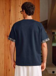 Manfinity BRENVOR 男士春夏欧式时尚格纹拼接双层面料撞色休闲圆领藏青色短袖T恤 - 藏蓝色 - 查看 2