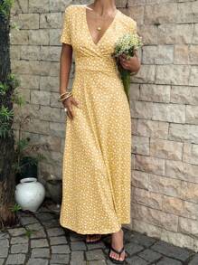 Sunnyshic 小花印花束腰长裙女装 - 淡黃色 - 查看 5