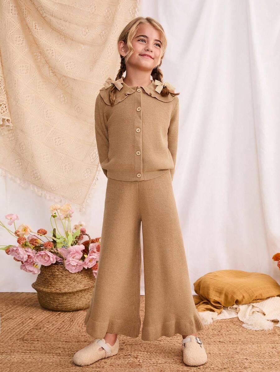 Blossori Young Girls' French Elegant Large Lapel Front Button Knitted Cardigan/Knitted Pants Set Girls Brown Knit Outfit Little Girl Brown Pant Set Toddler Girl Brown Sweater Set Girls Knit Set,In Fall/Winter - Khaki - View 1