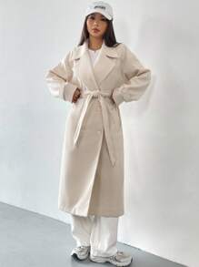 SHEIN EZwear Lapel Neck Drop Shoulder Belted Overcoat In Fall/Winter - Beige - View 4