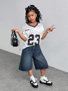 SHEIN 青少年女孩 Y2K 时尚休闲百搭街头服饰浅蓝色复古洗水牛仔宽松高腰百慕大短裤牛仔宽松长短阔腿牛仔裤，夏季海滩波西米亚风度假音乐会节日休闲狂欢，早午餐教堂毕业，街头服饰返校 - 藍色 - 查看 3