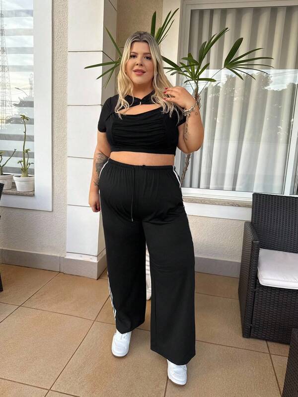 magalhaesca Áo thun Plus size Cắt ra Xù cắt Tương phản Mesh màu trơn Gợi cảm