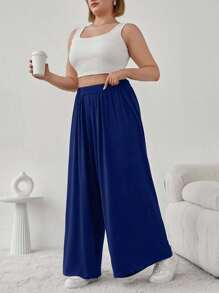 Plus Solid Strechy Viscose Fabric Wide Leg Pull On Summer Pants - Navy Blue - View 3