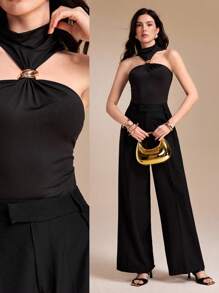Spring Affair Solid Color Pleated High Waist Straight Leg Palazzo Pants, Casual Formal Party Vacation Teacher Outfits For Women Wide Leg Pants Women - Black - View 7