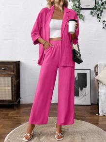 SHEIN Clasi Women's Linen-Like Casual Lapel NeckJacket And Pants Suit Set Powdered Rose Casual Outfits Spring Clothes For University Fall Cloth For Women