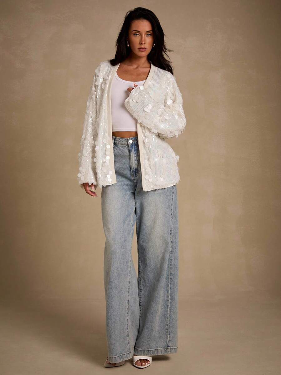 Glamine 优雅性感亮片休闲时尚百搭女式夹克亮片开衫白色亮片开衫女士亮片开衫亮片夹克万圣节婚礼宾客礼服 - 杏色 - 查看 1