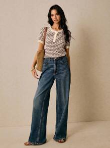 Poéselle 女士休闲条纹短袖针织上衣，夏季 - 咖啡棕 - 查看 2