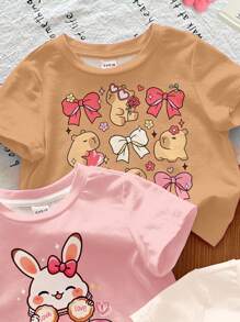 SHEIN 3 件套女婴奶油白色、奶油粉色、奶油南瓜色可爱甜美动物猫、兔子、水豚蝴蝶结图案短袖 T 恤，适合女婴，夏季、舒适、秋季分层时尚、休闲装、图案服装、返校、秋季服装、返校节 - 彩色 - 查看 5