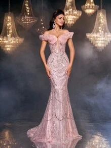 Glamrae Váy đuôi cá hoa đính cườm organza hở vai sang trọng thanh lịch, hở lưng gợi cảm, thích hợp cho đám cưới, tiệc tùng, vũ hội, tiệc tối (đính kèm nhiều họa tiết) - Bụi hồng - Xem 4