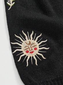 ROMWE Hippie Vintage Mysterious Sun Bestickter Cardigan Pullover für Frauen, Kurzer Stil, Herbst/Winter - Schwarz - Übersicht 2