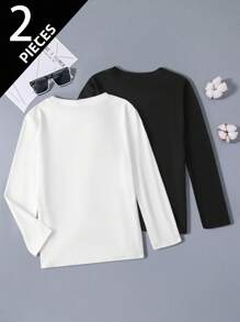 SHEIN 2pcs Boys Casual Crew Neck Long Sleeve T-Shirts, Black And White, Multi-Purpose Inner/Outer Wear, Spring, Autumn, Winter Fall - Black and White - View 2