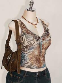 SHEIN ICON 加大码女式豹纹 V 领吊带背心，修身蕾丝边 Y2K 性感无袖衬衫 - 彩色 - 查看 3