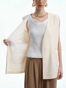 Aalyst Áo khoác Blazer trơn màu không tay, thường ngày, mùa hè - Màu be - Xem 7