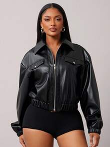 Radiana 女式机车 PU 皮夹克，宽松高端黑色复古外套，独特风格春秋季休闲上衣 - 黑色 - 查看 4