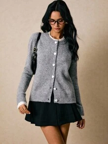 Poéselle Women's Long Sleeve Heart Button Design Casual Knitted Cardigan In Fall/Winter - Grey - View 6