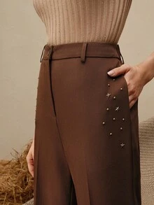 Anewsta High Waist Flare Leg Pants With Star Rhinestone Decor, Fashionable Urban Style - Brown - View 3