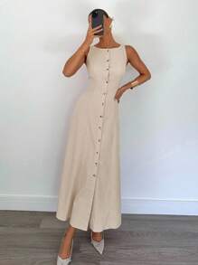 Siren Gaze 女士休闲通勤纯色单排扣无袖收腰长款连衣裙，夏季