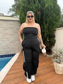 magalhaesca Plus Size Fashionable Jumpsuit, Suitable For Back To School, Outing, Campus Style, Daily Wear, Contrast Striped Patchwork Large Pocket Design, Stylish And Likable - Black - View 1