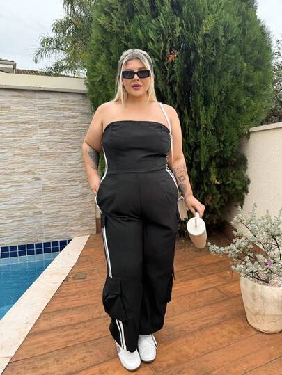 magalhaesca Plus Size Fashionable Jumpsuit, Suitable For Back To School, Outing, Campus Style, Daily Wear, Contrast Striped Patchwork Large Pocket Design, Stylish And Likable