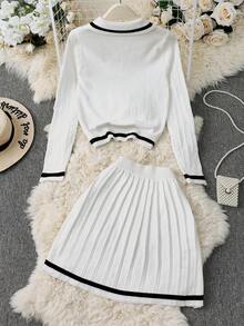 Franclia 2pcs/Set Spring New American Style Slim Fit Versatile Polo Shirt & Pleated Skirt Sweater Set For Women Fall Winter Cloth For Women - Black and White - View 2