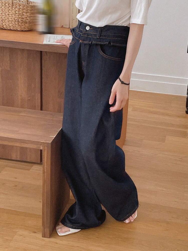 Dark Wash Blue Waisted Splice Ruffle Hem 2 In 1 Drawstring Loose Long Jeans, All Season