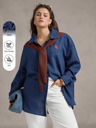 Zelara 大码休闲/工作刺绣细节衬衫