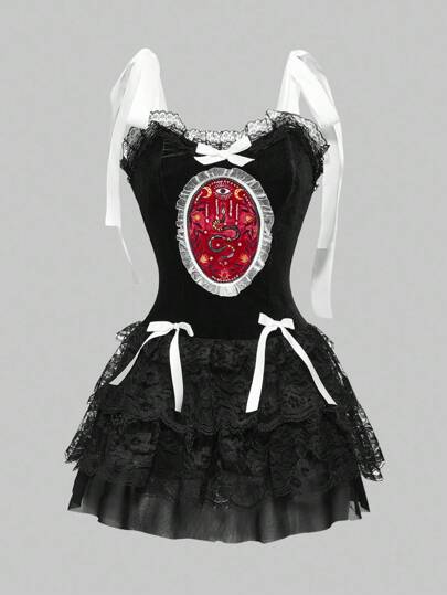 EDITION Halloween Autumn/Winter Velvet Vintage Snake, Leaf, Eye Embroidered Contrast Color Lace Trim Cross Pendant Bowknot Dress For Women