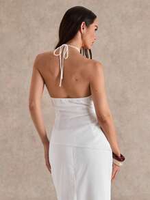Glamine Women's Bohemian Style White Linen Halter Neck Vacation Top - White - View 2