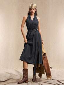 Easelle 女式复古休闲挂脖系带侧开衩牛仔连衣裙 - 藍色 - 查看 5