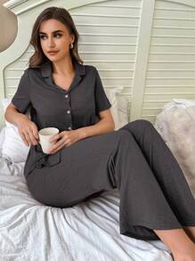 Lazeform Soft & Skin-Friendly Button Closure Top & Pants Fashionable Loungewear Pajama Set, Outfits - Dark Grey - View 3