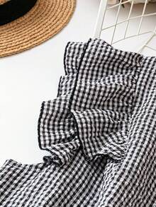 SHEIN LUNE Women Gingham Ruffle V-Shape Neck Sleeve Shirt